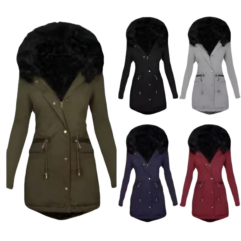 Damen Slim-Fit Thermo-Parka mit voluminöser Kunstfellkapuze und Tunnelzug Drune