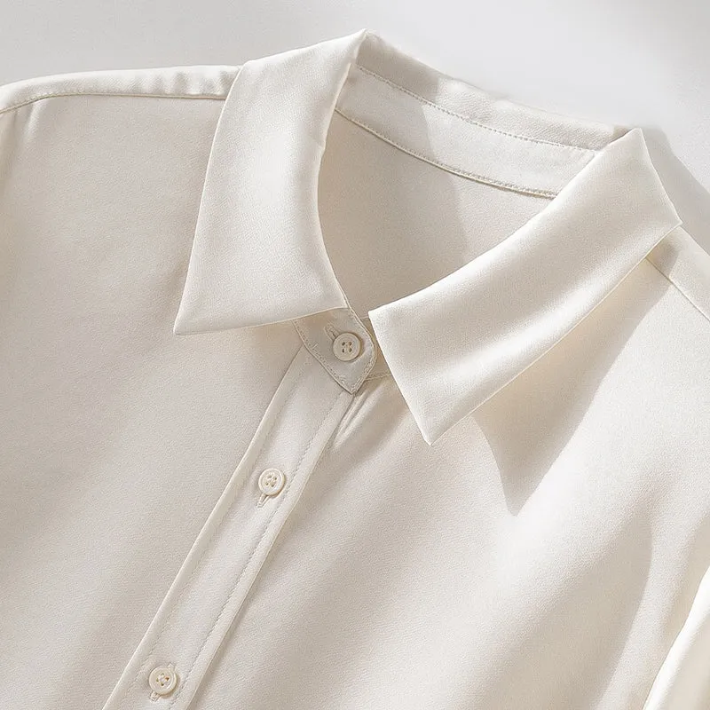 Damen Seiden-Optik Bluse mit Hemdkragen, verdeckter Knopfleiste und verlängertem Manschetten-Detail Drune
