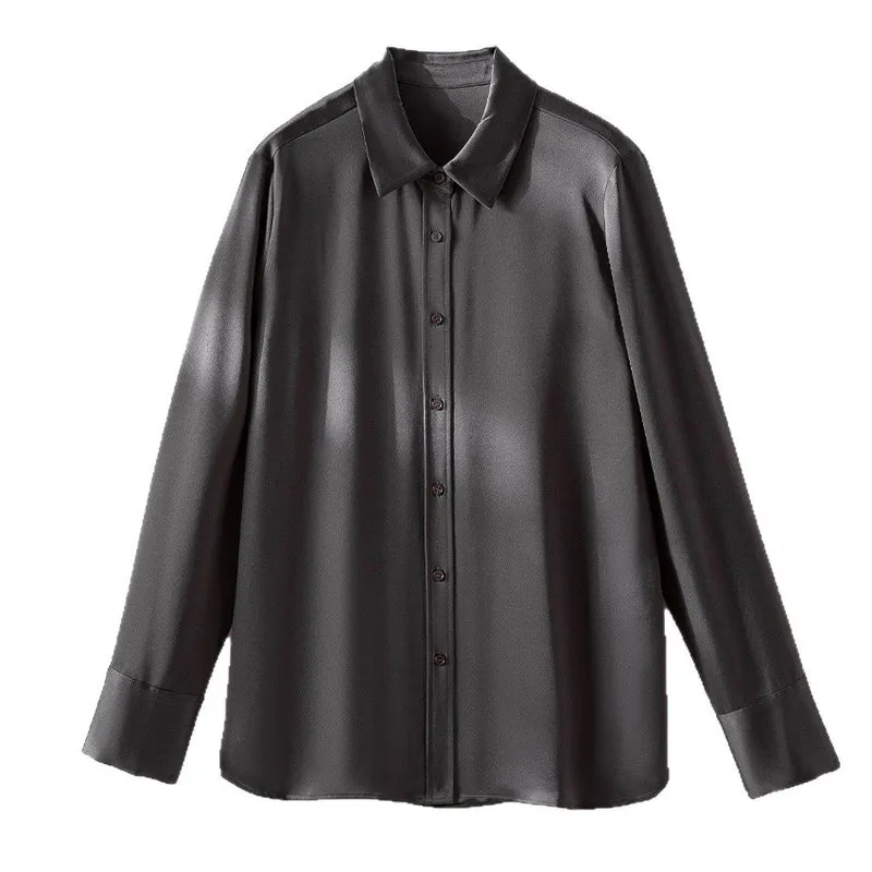 Damen Seiden-Optik Bluse mit Hemdkragen, verdeckter Knopfleiste und verlängertem Manschetten-Detail Drune