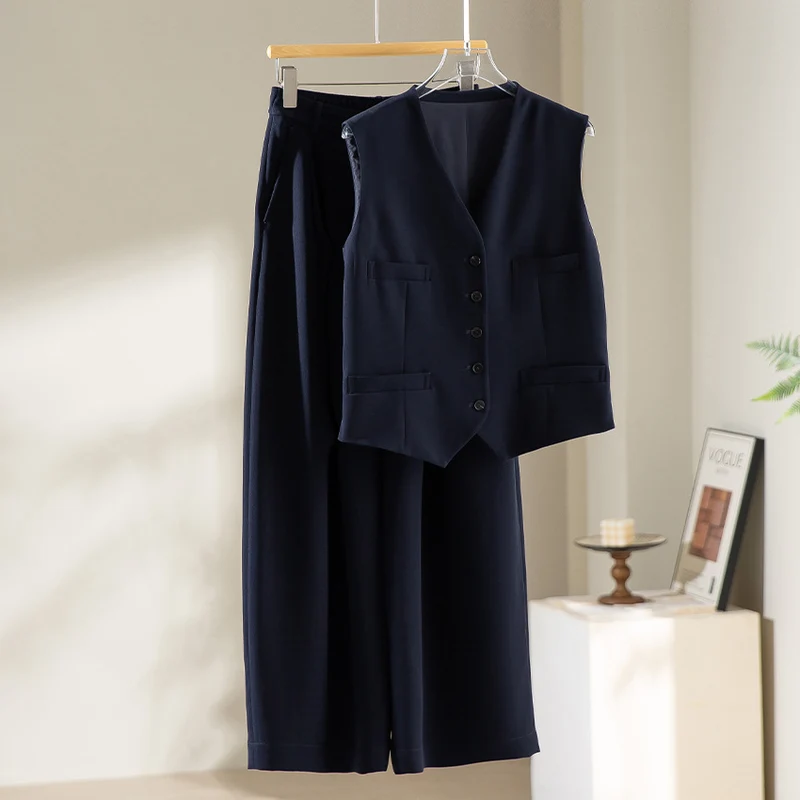 Damen Palazzo-Hose mit hoher Taille, Bügelfalte und elastischem Bund Drune