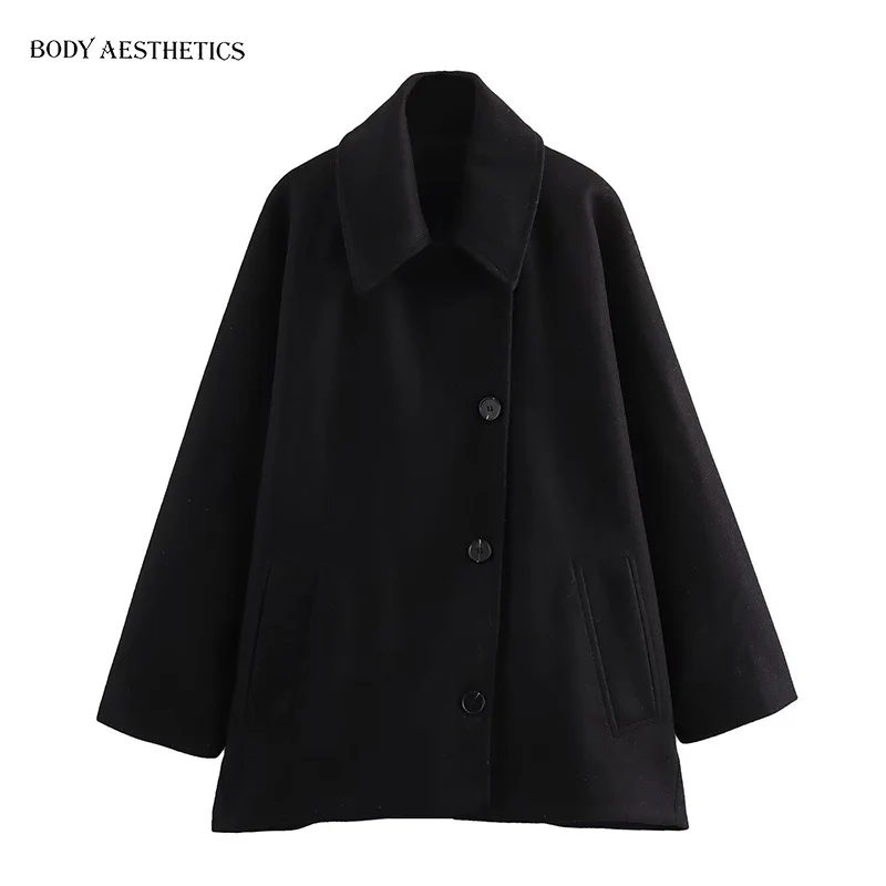 Damen Oversized Wollmix Boxy-Kurzmantel mit Reverskragen und Eingrifftaschen Drune