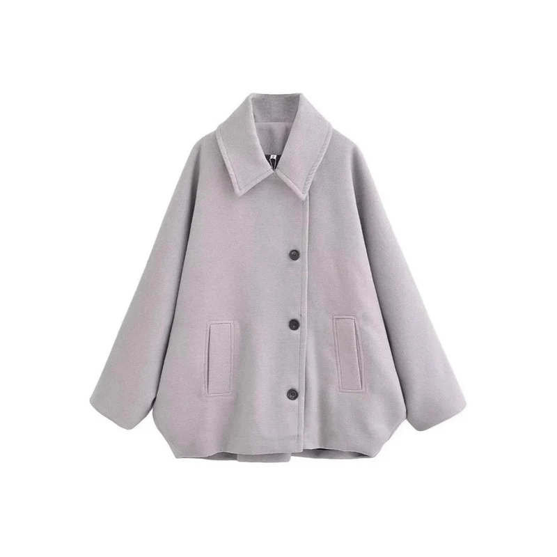 Damen Oversized Wollmix Boxy-Kurzmantel mit Reverskragen und Eingrifftaschen Drune