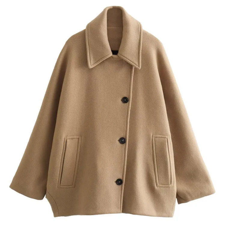 Damen Oversized Wollmix Boxy-Kurzmantel mit Reverskragen und Eingrifftaschen Drune