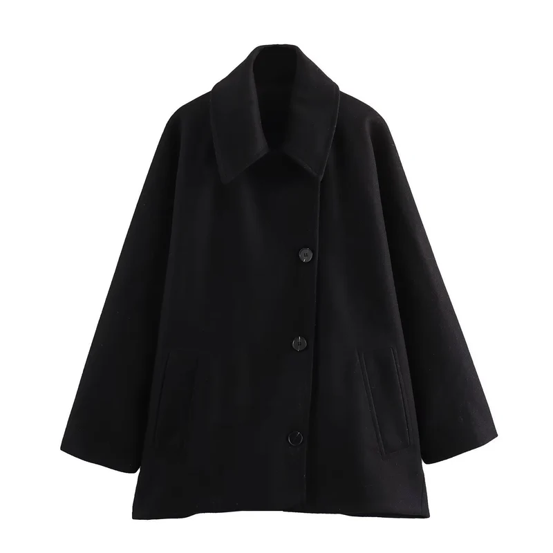 Damen Oversized Wollmix Boxy-Kurzmantel mit Reverskragen und Eingrifftaschen Drune
