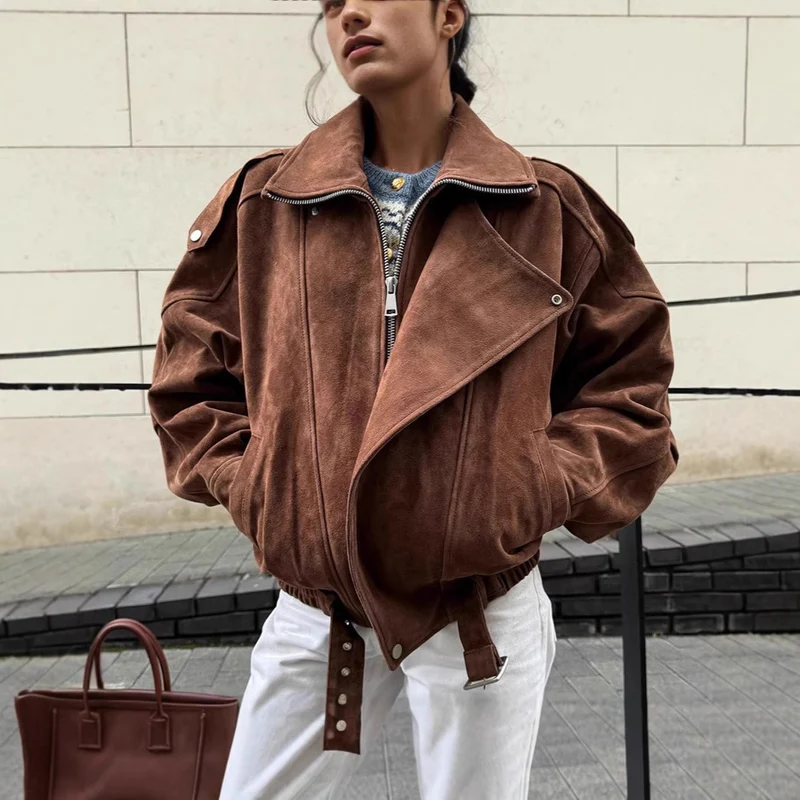 Damen Oversized Veloursleder-Bomberjacke mit Taillengürtel und Schalkragen Drune