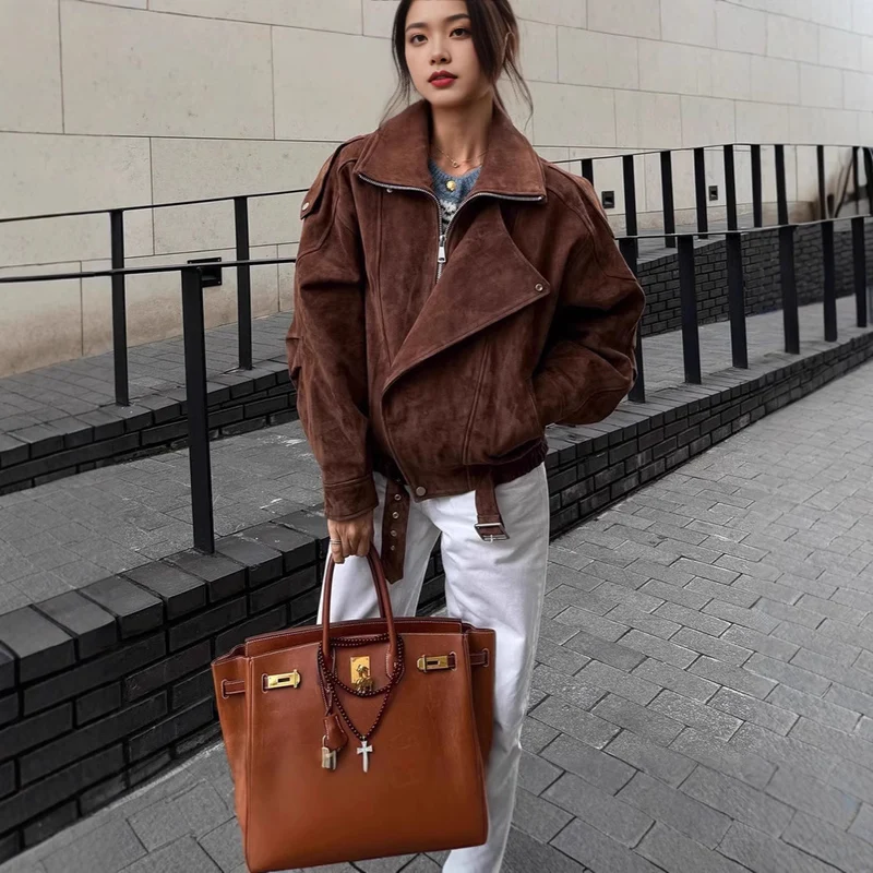Damen Oversized Veloursleder-Bomberjacke mit Taillengürtel und Schalkragen Drune