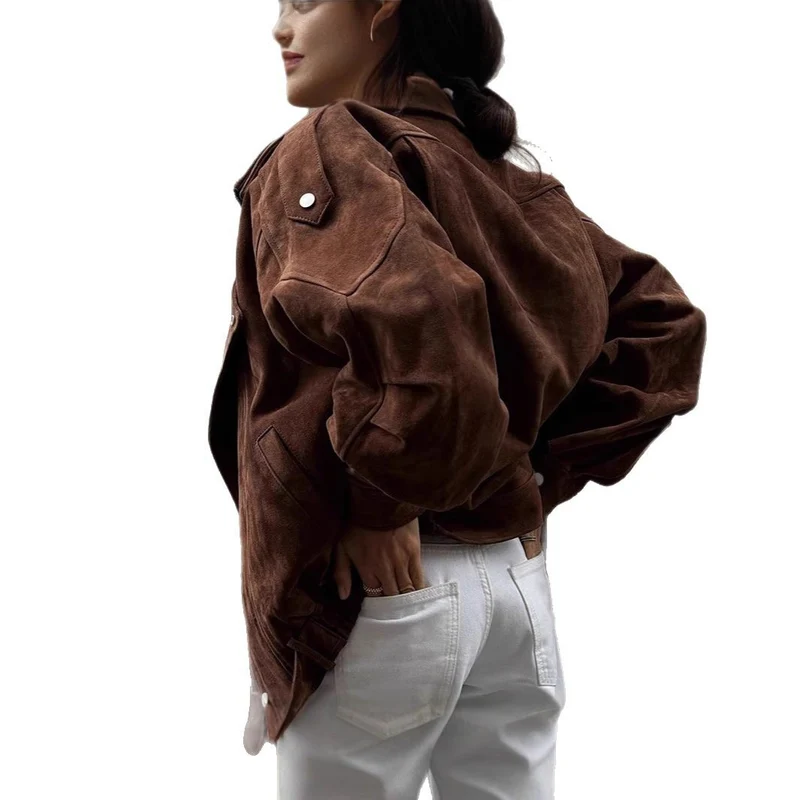 Damen Oversized Veloursleder-Bomberjacke mit Taillengürtel und Schalkragen Drune