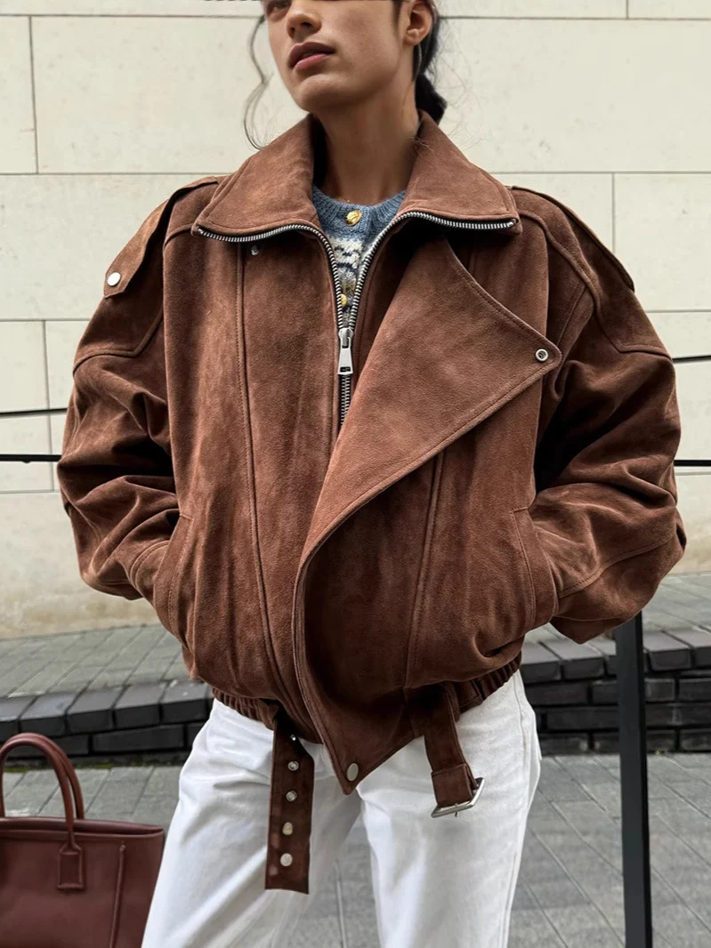 Damen Oversized Veloursleder-Bomberjacke mit Taillengürtel und Schalkragen Drune