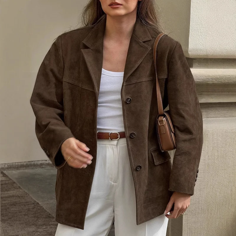 Damen Oversize Wildleder‑Blazer mit Reverskragen und Pattentaschen Drune