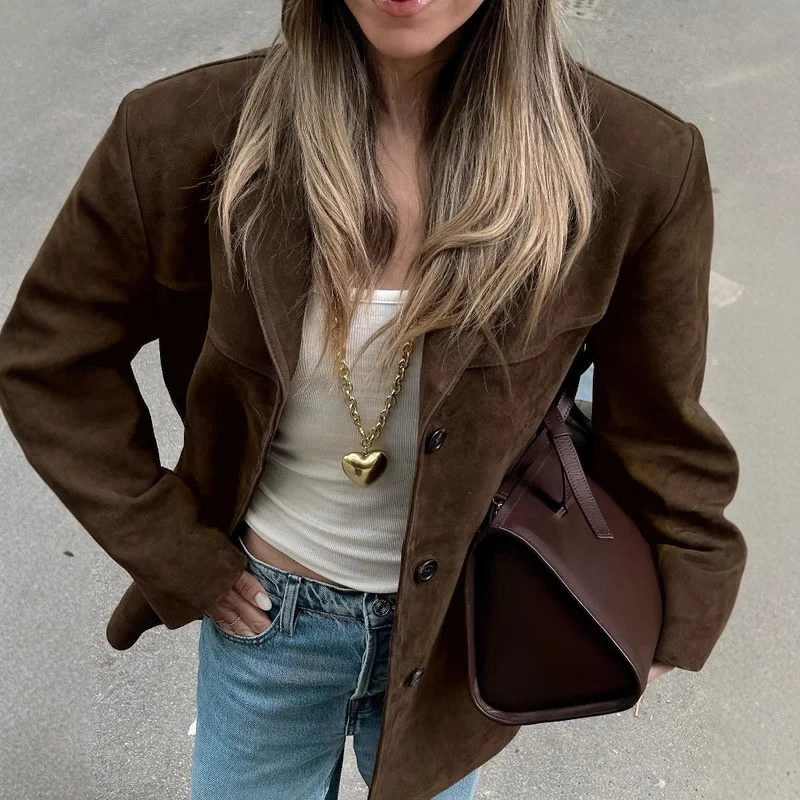 Damen Oversize Wildleder‑Blazer mit Reverskragen und Pattentaschen Drune