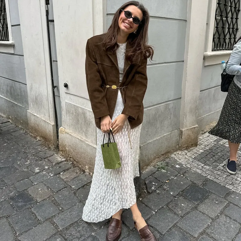 Damen Oversize Wildleder‑Blazer mit Reverskragen und Pattentaschen Drune