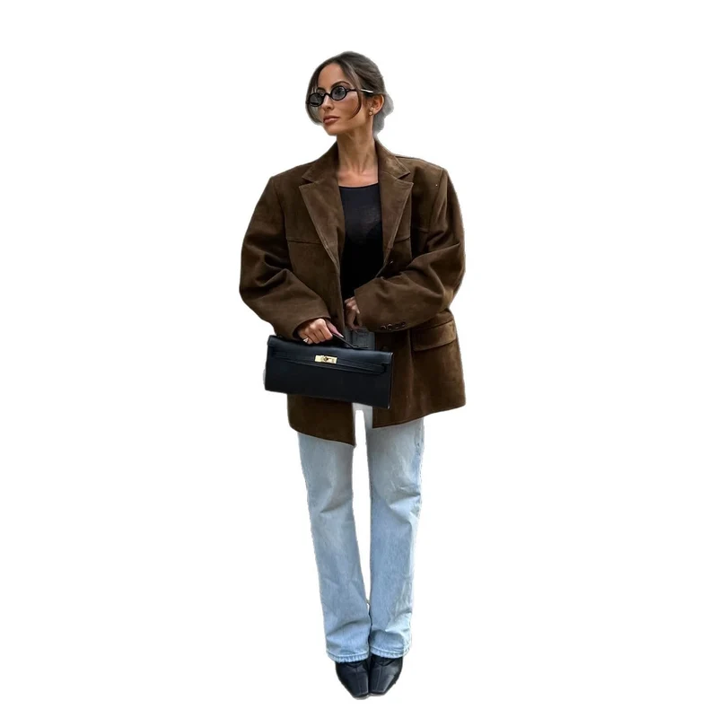 Damen Oversize Wildleder‑Blazer mit Reverskragen und Pattentaschen Drune