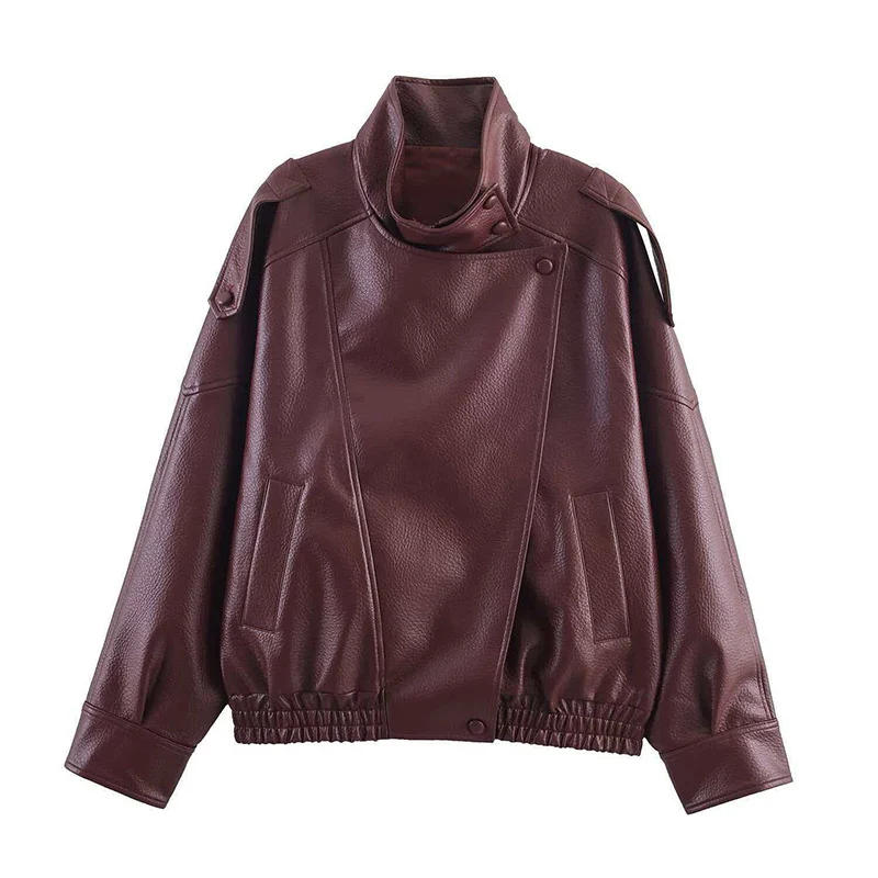 Damen Oversize Bikerjacke aus Kunstleder mit Stehkragen und Schulterklappen Drune