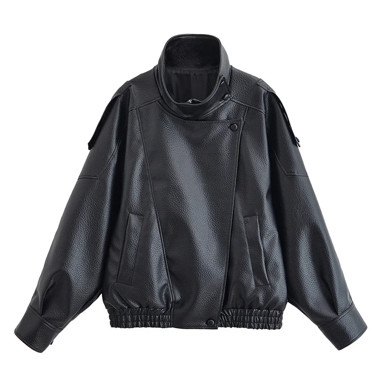 Damen Oversize Bikerjacke aus Kunstleder mit Stehkragen und Schulterklappen Drune