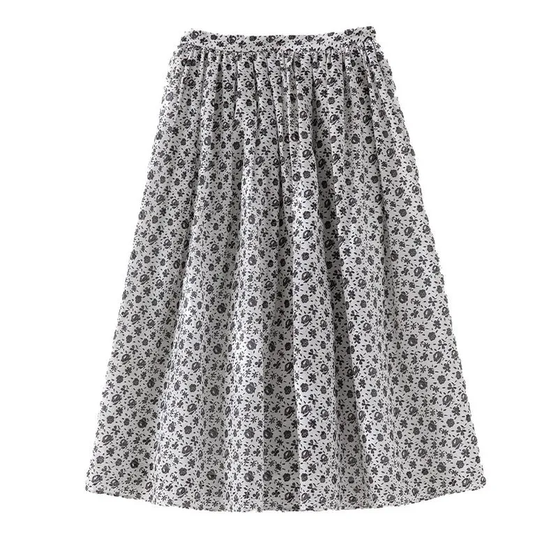 Damen Midirock mit gerafftem Bund und kleinem Blumenprint Drune
