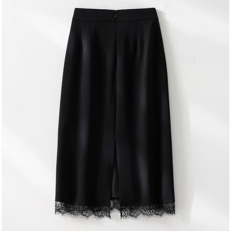 Damen Midirock aus Satin mit Spitzenbesatz und Seitentaschen Drune