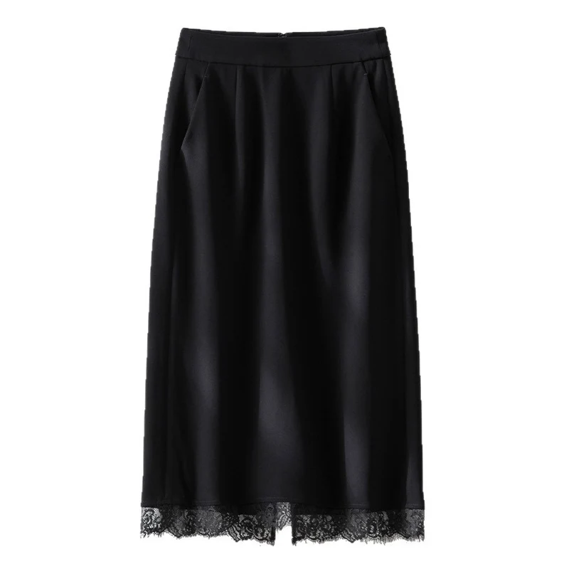 Damen Midirock aus Satin mit Spitzenbesatz und Seitentaschen Drune