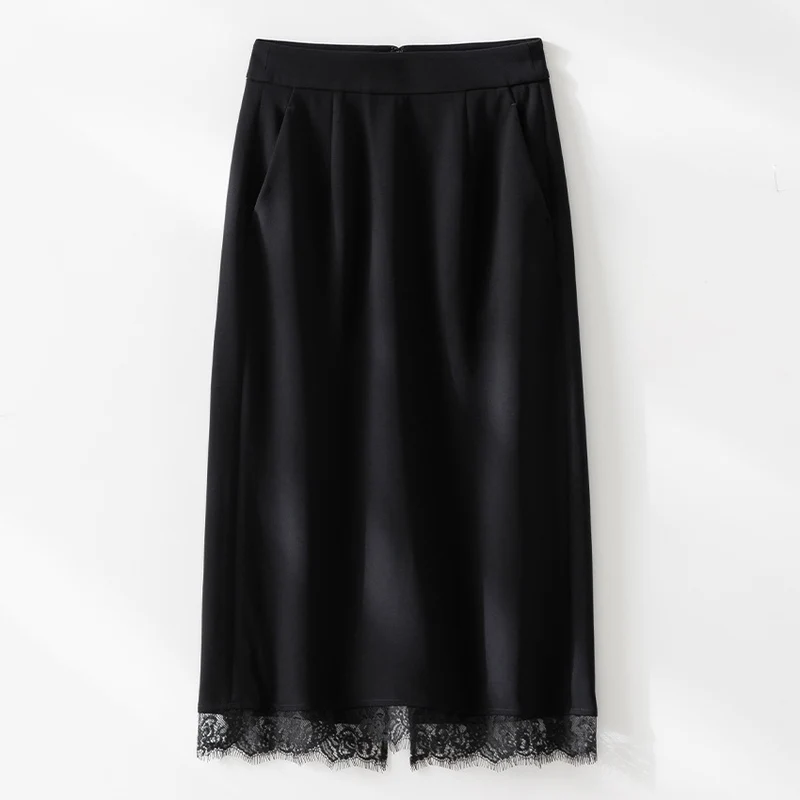 Damen Midirock aus Satin mit Spitzenbesatz und Seitentaschen Drune