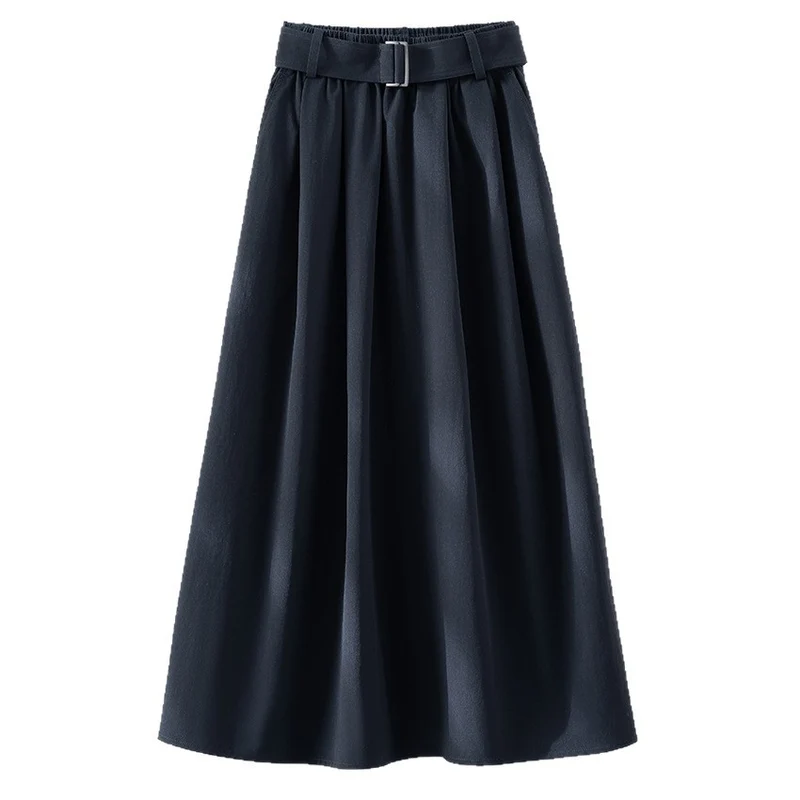Damen Midilanger A-Linien-Rock mit hoher Taille, Faltenwurf und Taillengürtel Drune