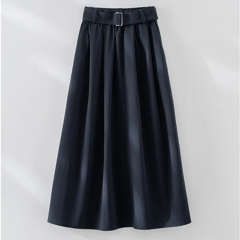 Damen Midilanger A-Linien-Rock mit hoher Taille, Faltenwurf und Taillengürtel Drune