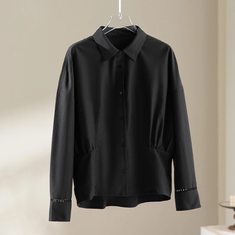 Damen Locker geschnittene Baumwollbluse mit Raffdetails und Hemdblusenkragen Drune