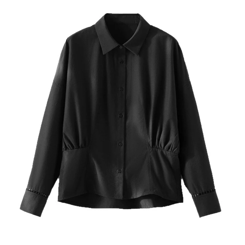 Damen Locker geschnittene Baumwollbluse mit Raffdetails und Hemdblusenkragen Drune