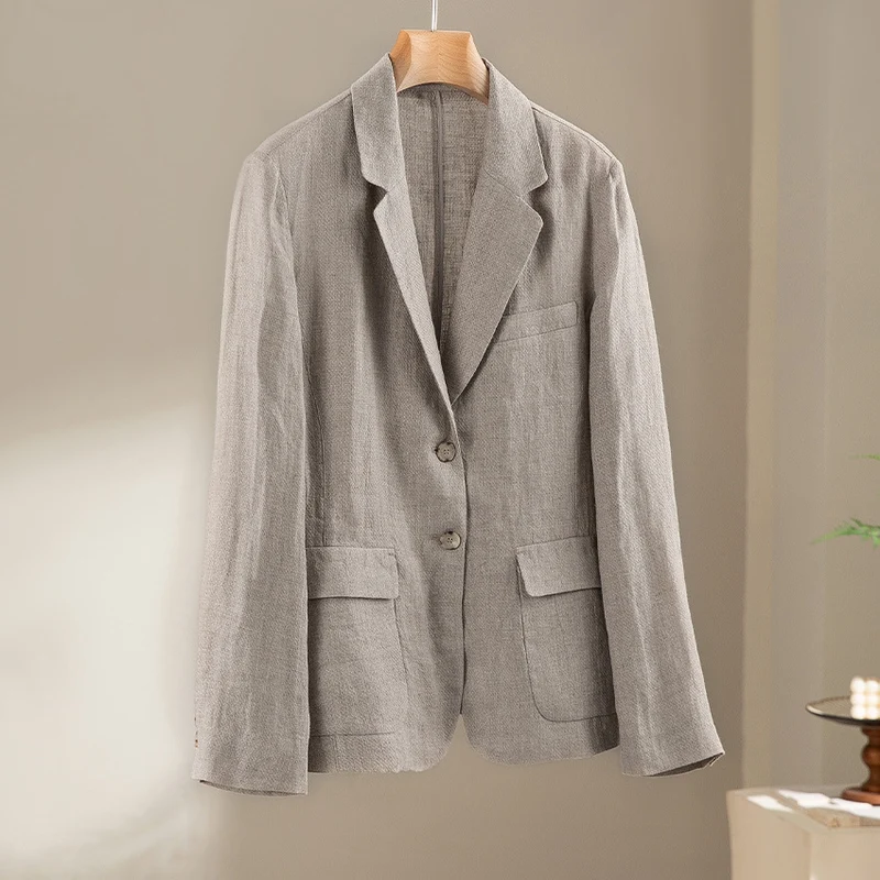Damen Leinenblazer mit aufgesetzten Taschen, legerer Passform und Reverskragen Drune