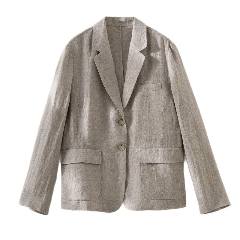 Damen Leinenblazer mit aufgesetzten Taschen, legerer Passform und Reverskragen Drune