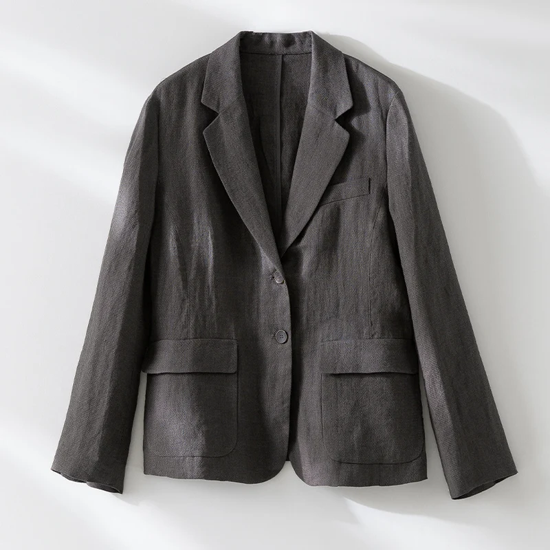 Damen Leinenblazer mit aufgesetzten Taschen, legerer Passform und Reverskragen Drune