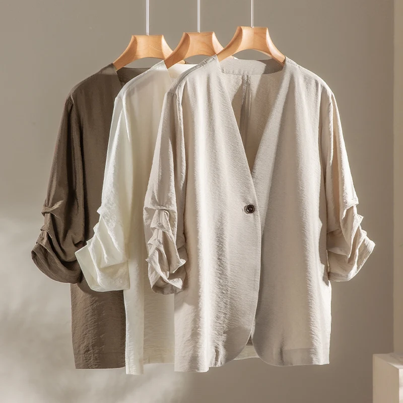 Damen Leichter Oversize-Blazer mit tiefem V-Ausschnitt und gekräuselten Ärmeln Drune