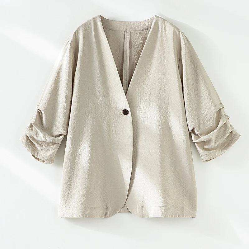 Damen Leichter Oversize-Blazer mit tiefem V-Ausschnitt und gekräuselten Ärmeln Drune