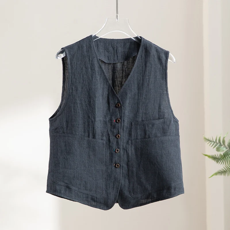 Damen Leichte Leinenweste im Utility-Look mit V-Ausschnitt und großen Aufgesetzten Taschen Drune