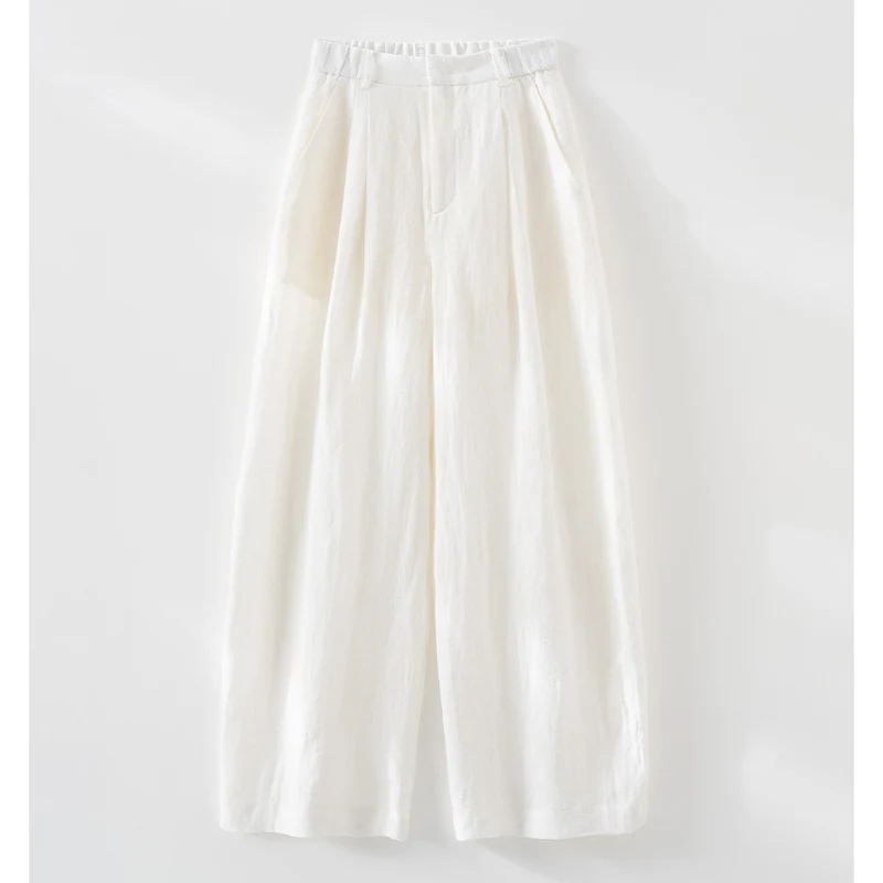 Damen Leichte Leinenhose mit weitem Bein, Bundfalten und elastischem Rückenteil Drune