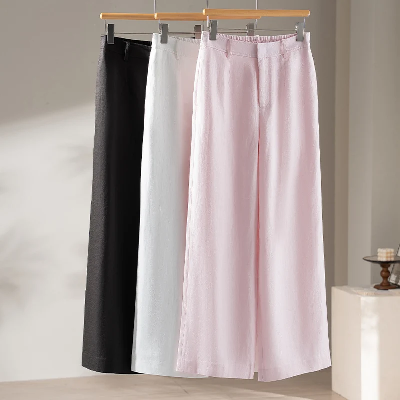 Damen Leichte Highwaist-Weitbein-Hose aus Leinenmix mit elastischem Rückbund Drune