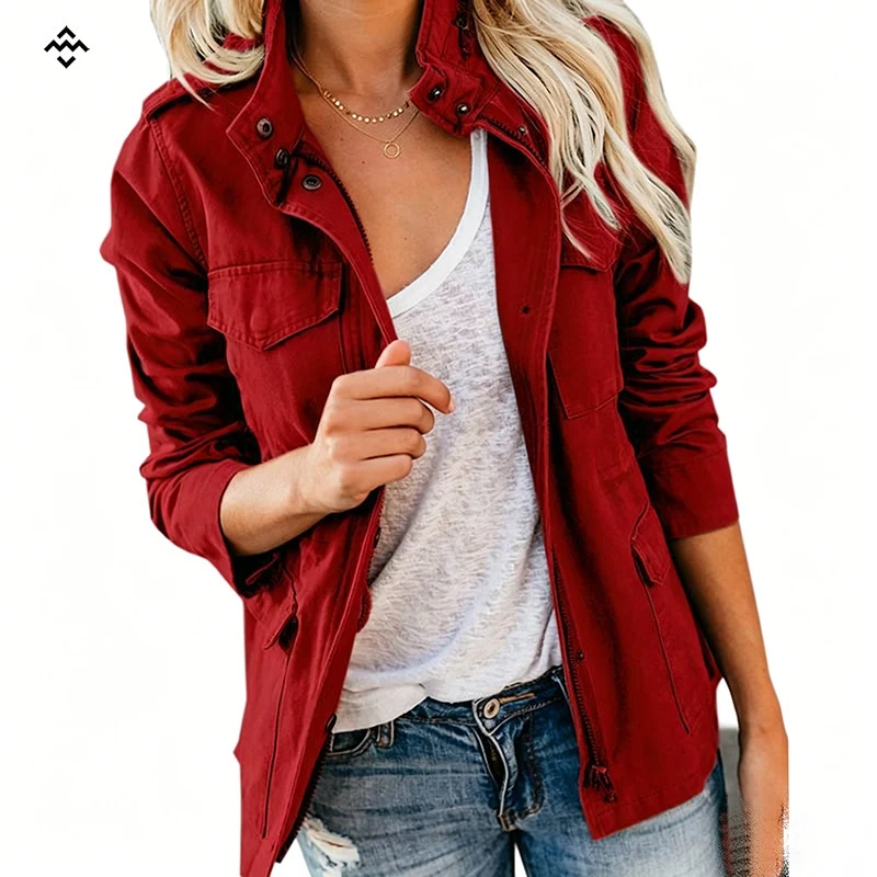 Damen leichte Feldjacke im Utility-Stil mit Stehkragen und Mehrfachtaschen Drune