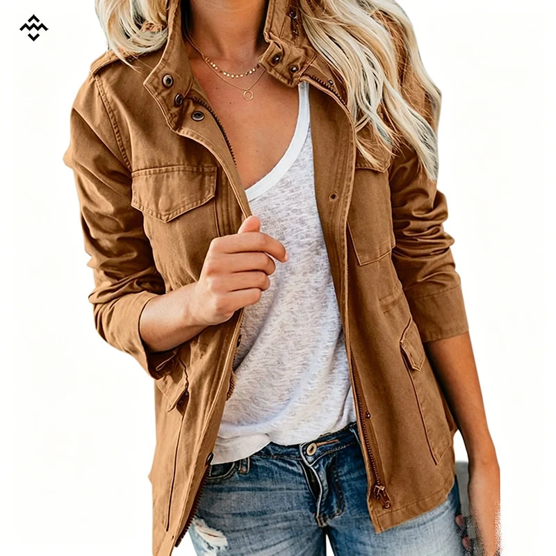 Damen leichte Feldjacke im Utility-Stil mit Stehkragen und Mehrfachtaschen Drune