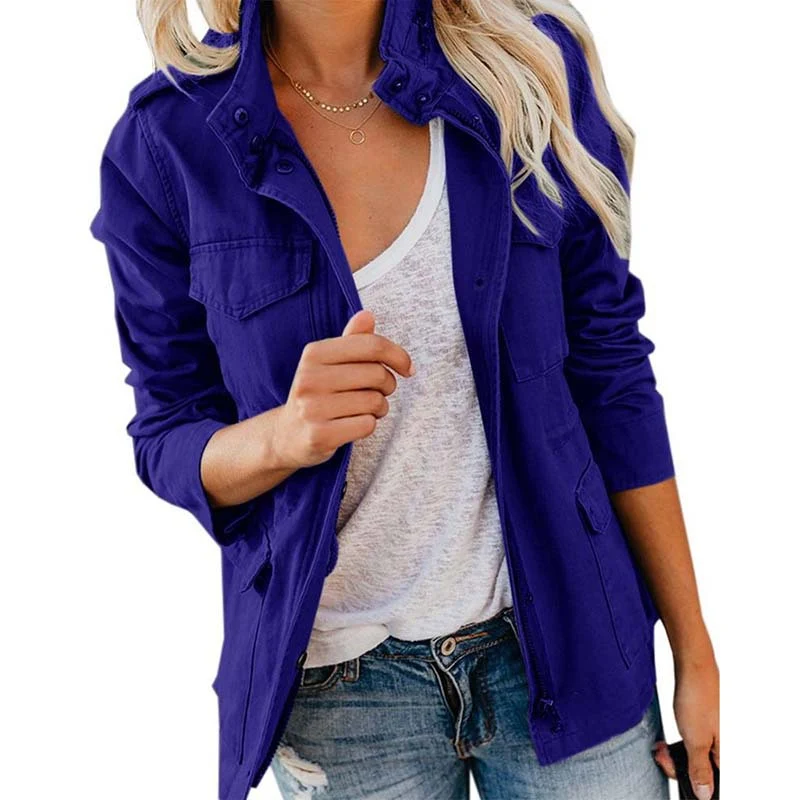 Damen leichte Feldjacke im Utility-Stil mit Stehkragen und Mehrfachtaschen Drune