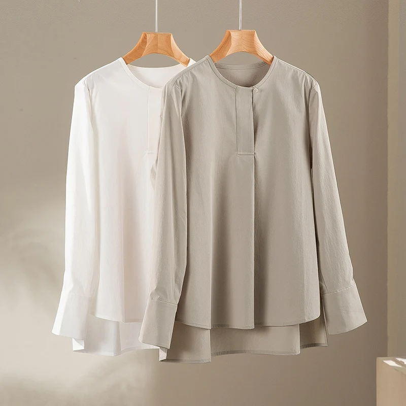 Damen Lässige Langarm-Bluse mit verdeckter Knopfleiste und Lagen-Saum Drune