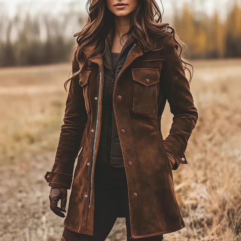 Damen Langjacke aus Veloursleder mit Utility-Taschen und verdecktem Reißverschluss Drune