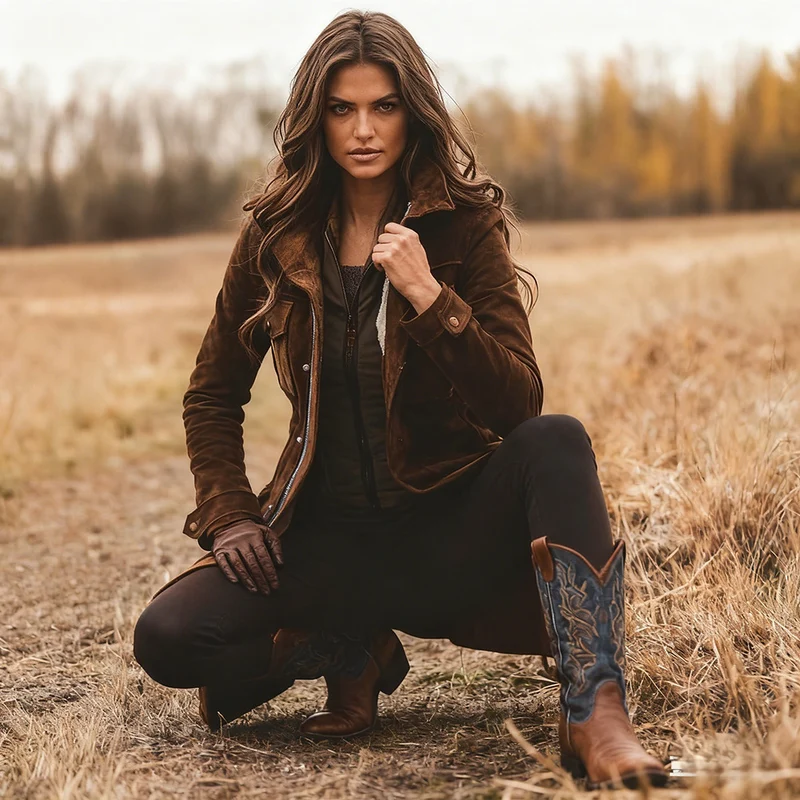 Damen Langjacke aus Veloursleder mit Utility-Taschen und verdecktem Reißverschluss Drune