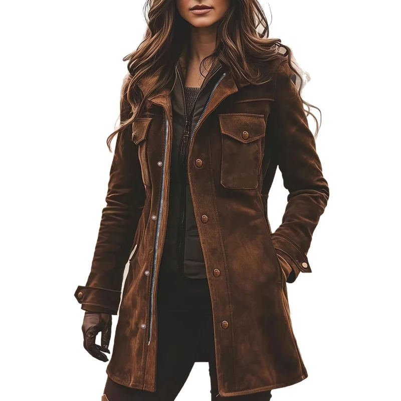 Damen Langjacke aus Veloursleder mit Utility-Taschen und verdecktem Reißverschluss Drune