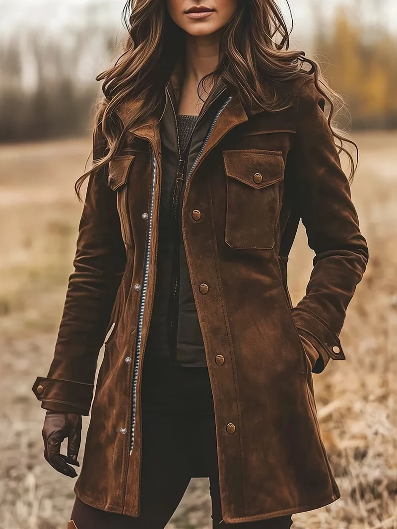 Damen Langjacke aus Veloursleder mit Utility-Taschen und verdecktem Reißverschluss Drune