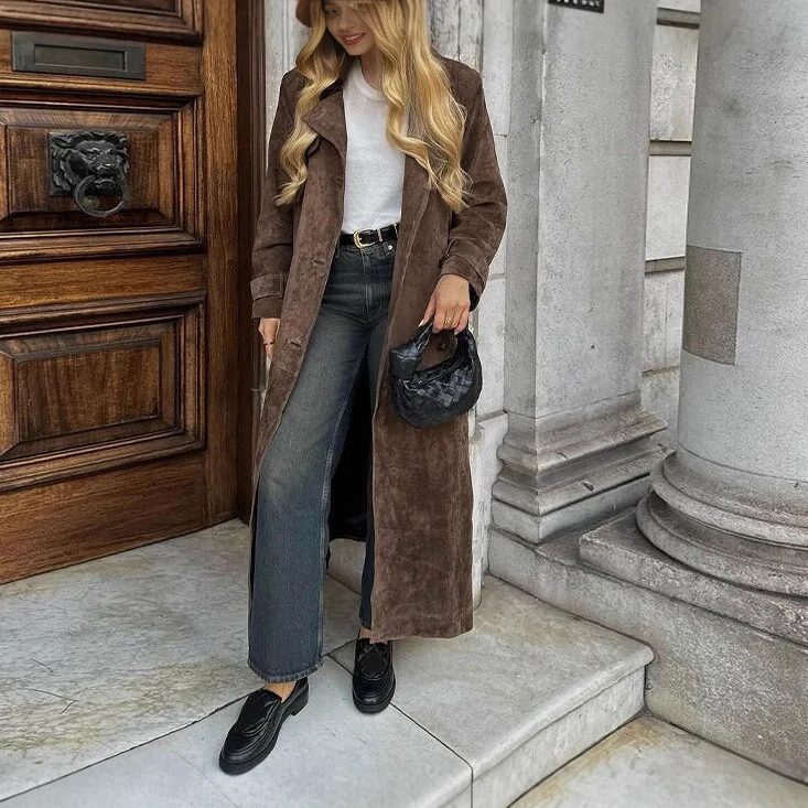 Damen Langer Veloursledermantel im minimalistischen Trench‑Look mit soften Revers Drune