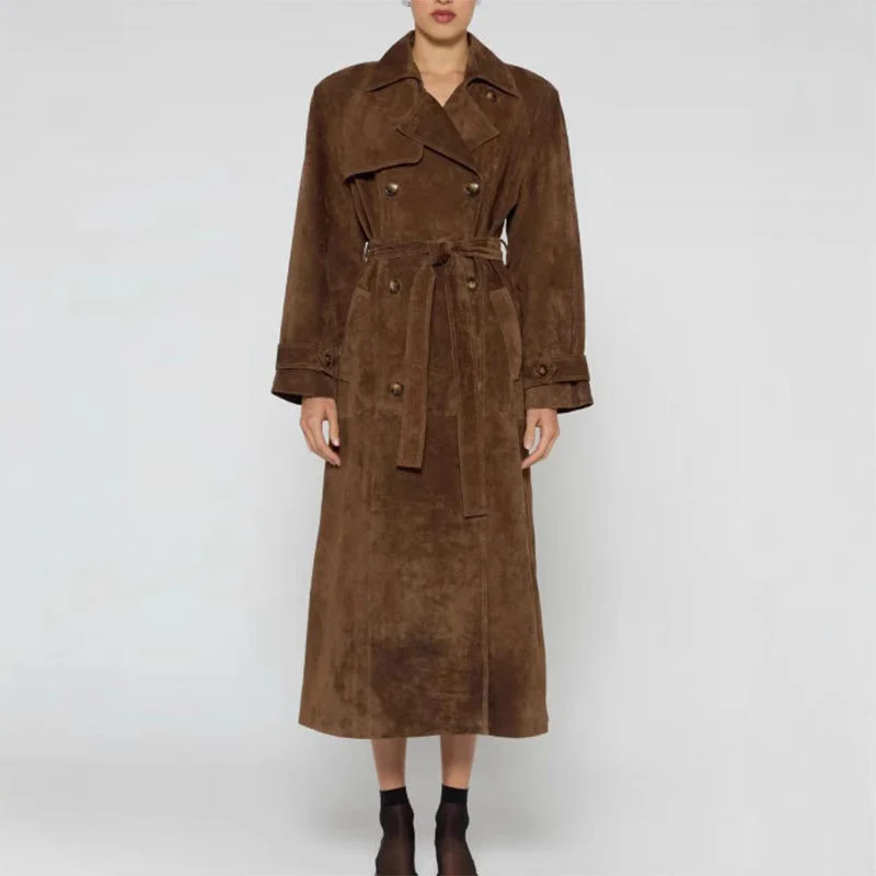 Damen Langer Veloursledermantel im minimalistischen Trench‑Look mit soften Revers Drune