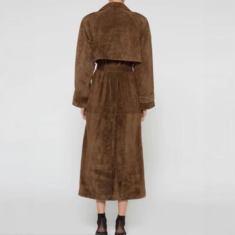 Damen Langer Veloursledermantel im minimalistischen Trench‑Look mit soften Revers Drune