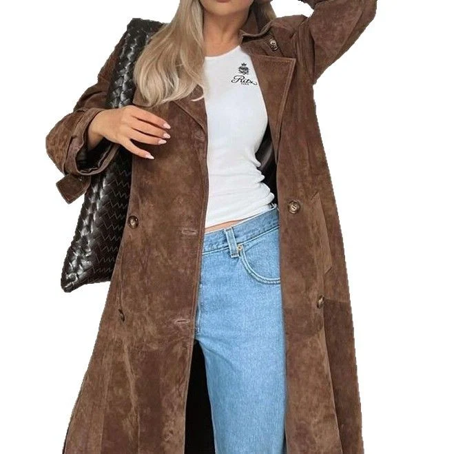 Damen Langer Veloursledermantel im minimalistischen Trench‑Look mit soften Revers Drune