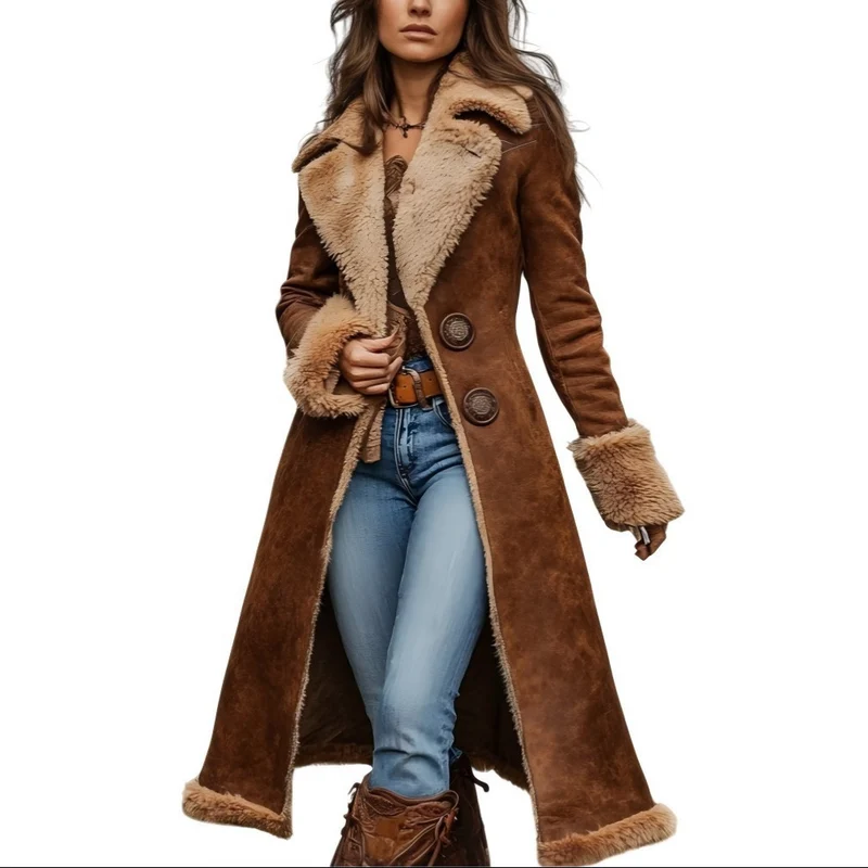 Damen Langer Veloursleder‑Look Mantel mit Lammfell‑Imitatfutter und dekorativer Doppelknopfleiste Drune