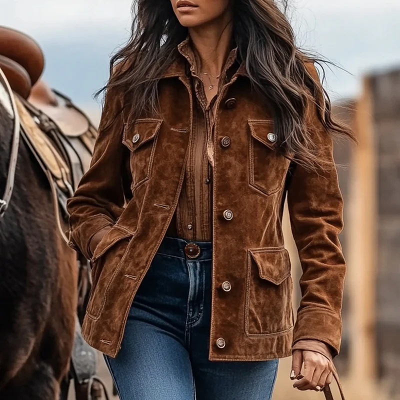 Damen Kurzjacke im Ranch‑Worker‑Look aus Wildlederoptik mit Pattentaschen und sichtbarer Knopfleiste Drune