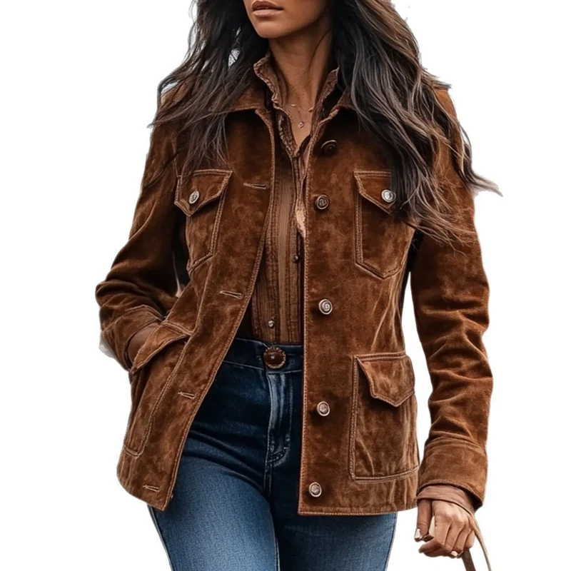 Damen Kurzjacke im Ranch‑Worker‑Look aus Wildlederoptik mit Pattentaschen und sichtbarer Knopfleiste Drune
