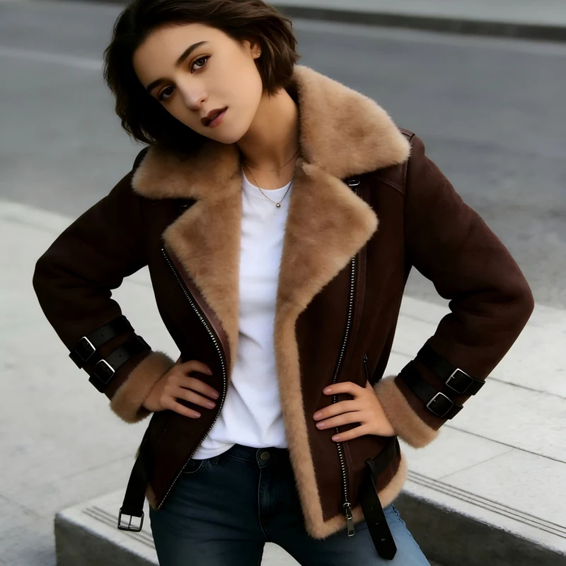 Damen Kurzjacke im Fliegerstil mit abgesetztem Fellkragen und verstellbaren Schnallen Drune
